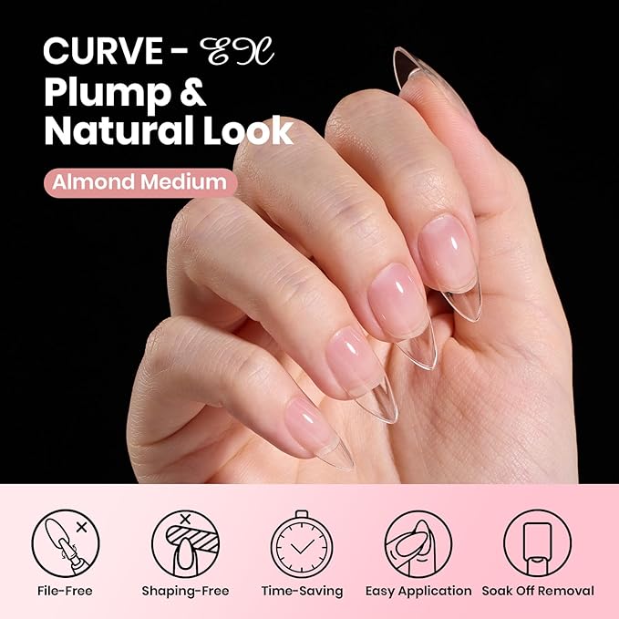 Beetles Gel Nail Tips Almond Shape Medium Curve-EX, 640pcs 16 Sizes, Etch-X Half Matte Full Cover Soft Acrylic False Nail Tips Easy DIY Press on Nail Extension Art Salon for Curved & Natural Nail Beds