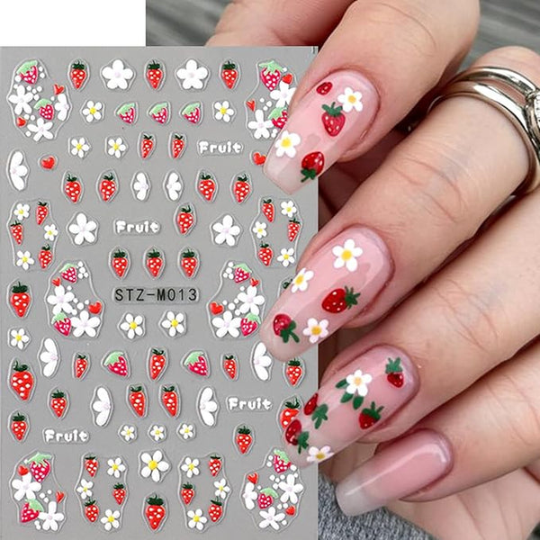 1 Sheets Strawberry Nail Stickers 5D Embossed Fruit Nail Decals Summer Stickers DIY Nail Art Decoration White Flower Nail Decals for Nail Art Handmade Nails Supplies