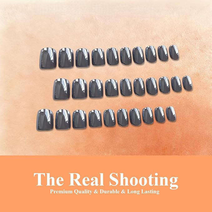 Chrome Dark Black Press on Nails Short Square, Glazed Short Fake Nails with Sparkle Mirror Design, Shiny Glitter Glue on Nails with Glue, Cute Gel Nail Press ons for Fingernail 30 Pcs