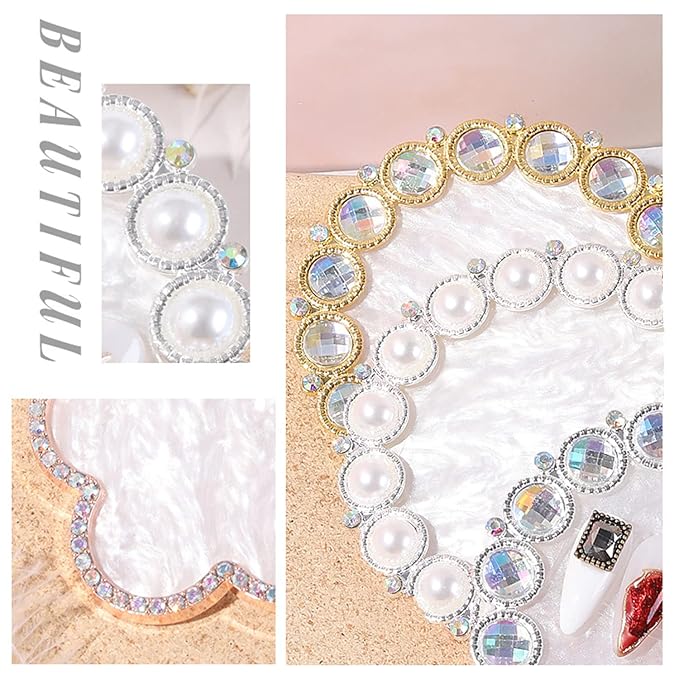 Gel Nail Palette CXUEMH Vintage Resin Nail Art Palette with Pearls, Rhinestones Edge Nail Color Mixer Nail Holder for Painting Nails Nail Art Display Polish Holder Manicure Tool (white (Crystals))