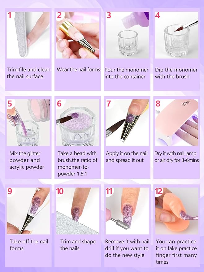 Professional Acrylic Nail Kit for Beginners - 42 Colors Glitter Powder, Liquid, UV Light, Drill, Practice Finger Nail Bag Organizer Case