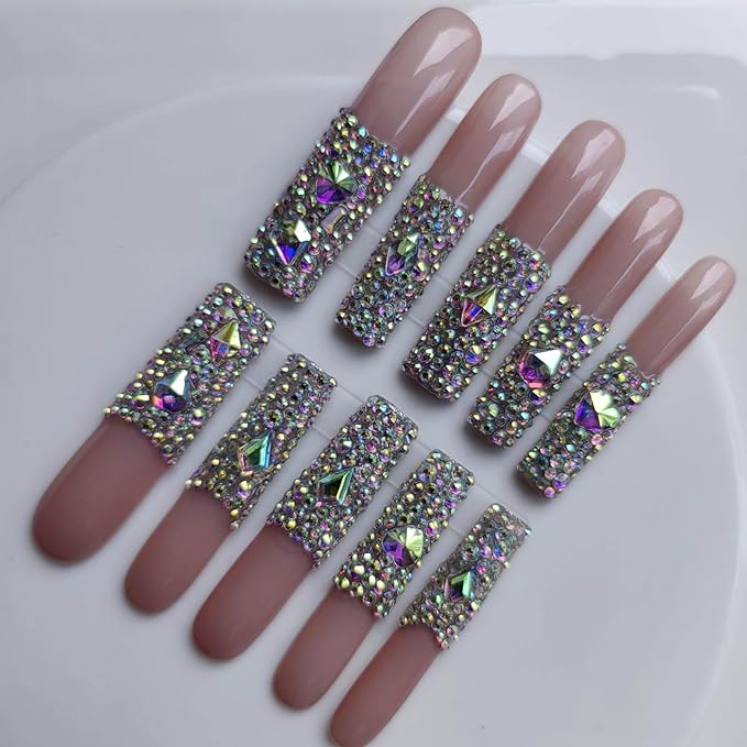 Xxl Press on Nails Extra Long Square Handmade Press-on Nails with Design French Tip Rhinestones Press Ons 10pcs M Size Pattern 1105