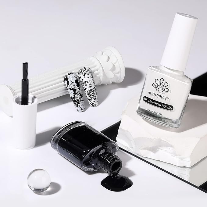 BORN PRETTY Nail Art Stamping Polish White Black Manicure Image Stamp Polish Set Print Polish Varnish 2 Bottles 10ml 0.34fl oz