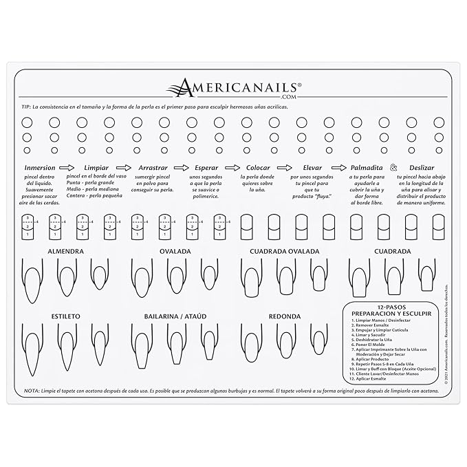 Americanails Acrylic Nail Training Mat, Spanish, Plantilla en Silicona Para Principiantes, Aprender Aplicar Uñas Acrílicas, Ayudará Aprender Los Conceptos Básicos De La Aplicación Acrílica