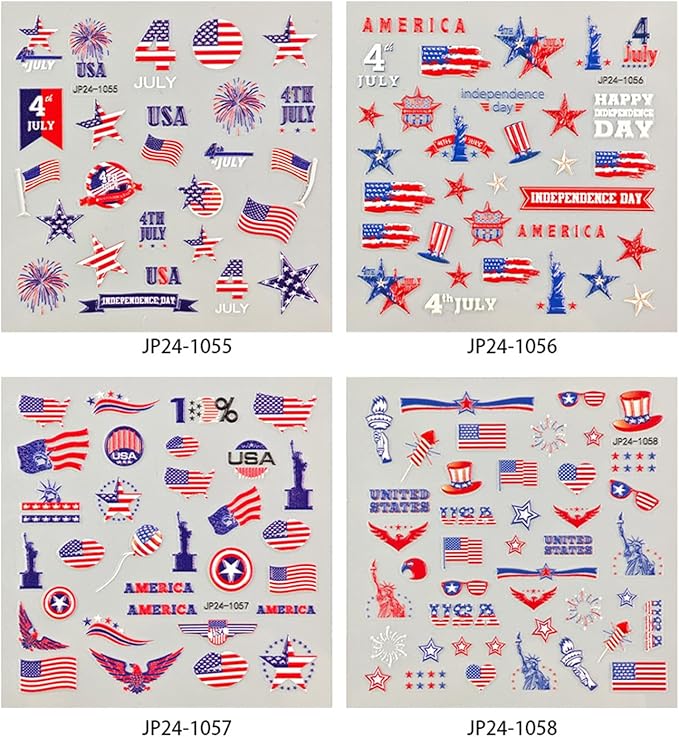 4th of July Nail Art Stickers Set 5D Embossed Red Blue USA Flag Nail Decals 4PCS Five-Pointed Star America UK Flags Design Independence Day Nail Adhesive Stickers for DIY Nail Art Decorations