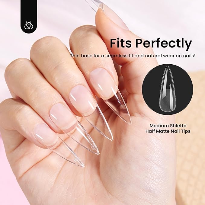 Beetles Gel Nail Tips Etch-X, Stiletto Medium, 576Pcs 12 Sizes, Pre-Etched Half Matte Full Cover Soft Acrylic False Nail Tips Easy DIY Press On Nail Extensions Salon Gift for Women