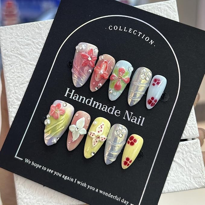 Handmade Press on Nails Luxury 3D Flower Pearl Acrylic Nails Designs Almond Medium Fake Nails Muti-Layer Gel Full Cover French Tips Thick Stick on Nail Gradient False Nails for Women and Girls (M)