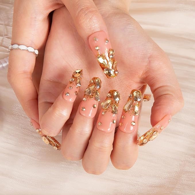 LOVFUL Press on Nails Stardust Gold Rhinestone | Handmade with Full Covered Crystals | Reusable Full Cover Nails | Coffin Classic Regular 1.3 in | H84-S