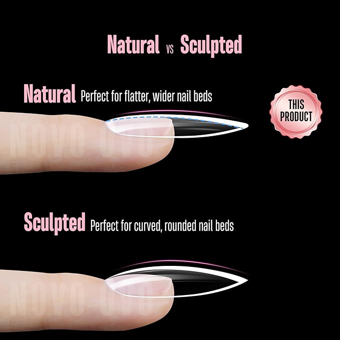NOVO OVO Long Oval Nail Tips NATURAL (Not SCULPTED) for Flat Nail Beds, Extra Thick L Length False Nails Press on, Full Cover Soft Gel Fake Nail Extension, Salon DIY x 15 Sizes 450 pcs