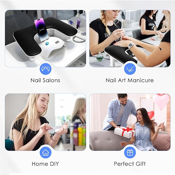 Arm Rest for Nails Tech: 3rd Generation Manicure Nail Arm Rest with Rotating Phone Stand, U-Shaped Height Adjustable Hand Rest Pillow for Acrylic Nails Black