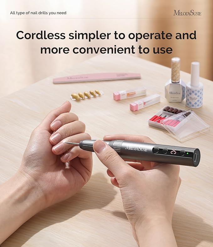 MelodySusie Pen-Shaped Portable Cordless Nail Drill, PC180E 25000RPM Rechargeable Electric File with LED Display for All Nail Care, Manicure Shaping & Acrylic Gel Removal for Nail Artists DIY at Home