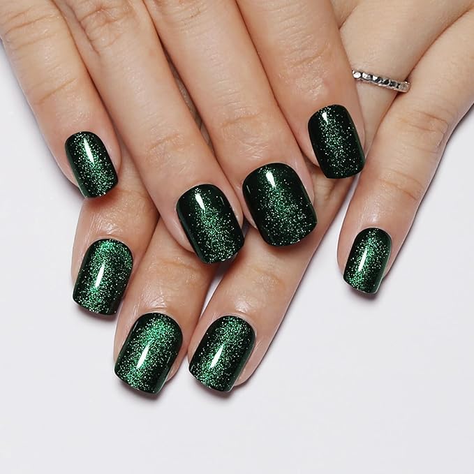 Crystal Spirit Green Press on Nails Short Square, Cat Eye Press on Nails, Fashion Gel Fake Nails, Reusable Acrylic Fake Nails, Glossy Stick on Nails, Thick Reusable Glue On Nails for Women
