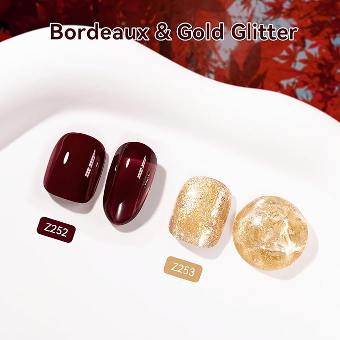 Wine Red Sparkle Champagne Nail Polish Duo, Fast Air Dry Burgundy Nail Polish, Opaque Dark Red, Non-Gel, Crème, Toxic-free Long Lasting Glossy Nails Art for Home DIY Manicure
