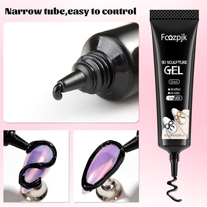 3D Gel Nail Art Kit – No Wipe Black and Clear Sculpting Gel for Embossing Painting Design with Gold Silver Chrome Powder 3D Liner Gels Flowers Carving Modeling Decor Salon Supplies 15ML 2PCS