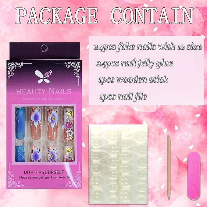 Press on Nails Coffin Long Length Acrylic Glossy Full Cover Square Shaped French False Nails with Designs Artificial Extra Long Fake Nails with Charms Glue ons Fingernails for Women(AS61)