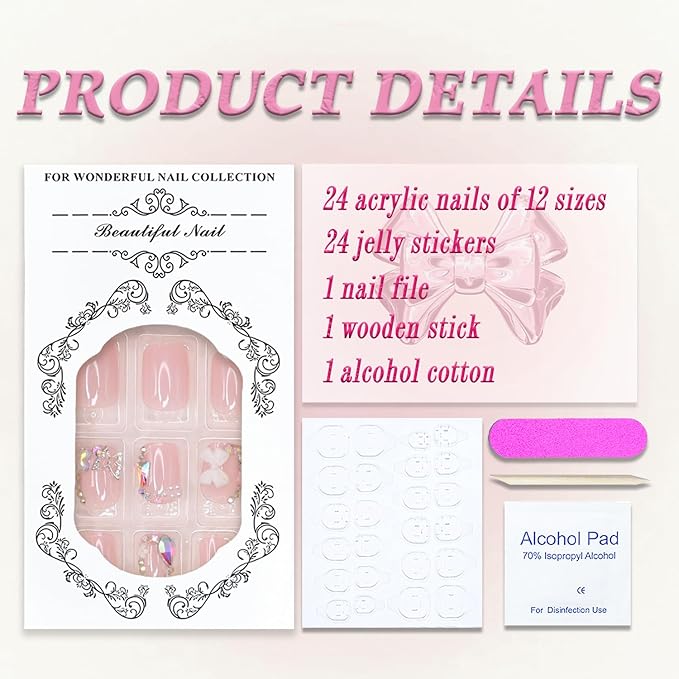 Nude Pink Press on Nails Short Square MABKJLF French Tip Fake Nails False Nails with Designs Bow Cherry Butterfly Flower Charm Rhinestones Glossy Glue on Nails Acrylic Nails for Women Girls 24 Pcs