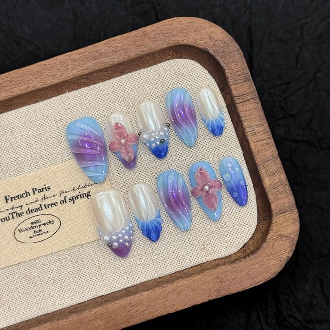 handmade nails press on Salon Quality blue white purple flower pearl Reusable almond hand-painted gentle elegant acrylic 3D fake nails designed kit,10 Nails, Size M #2979