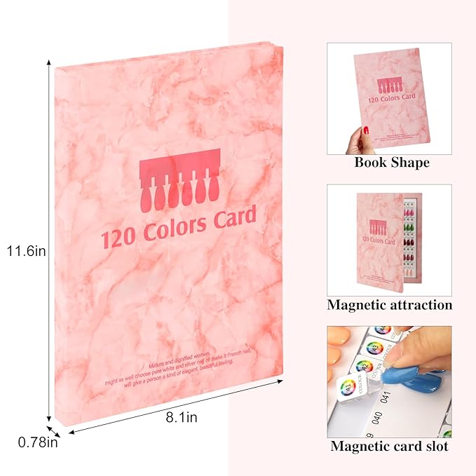 120 Magnetic Nail Color Book,Leather Magnetic Color Display Book with 120 Magnetic Tips & 1-120 Number Labels,Perfect for Nail Polish Nails Art Design(Pink)
