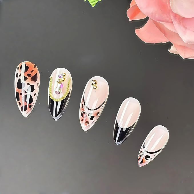 French Tip Leopard Print Press on Nails Medium Almond False Nails with Gold Design Fake Nails Black French Tips Glossy Artificial Nails Gold Beads Full Cover Stick on Nail for Women Manicure 24Pcs