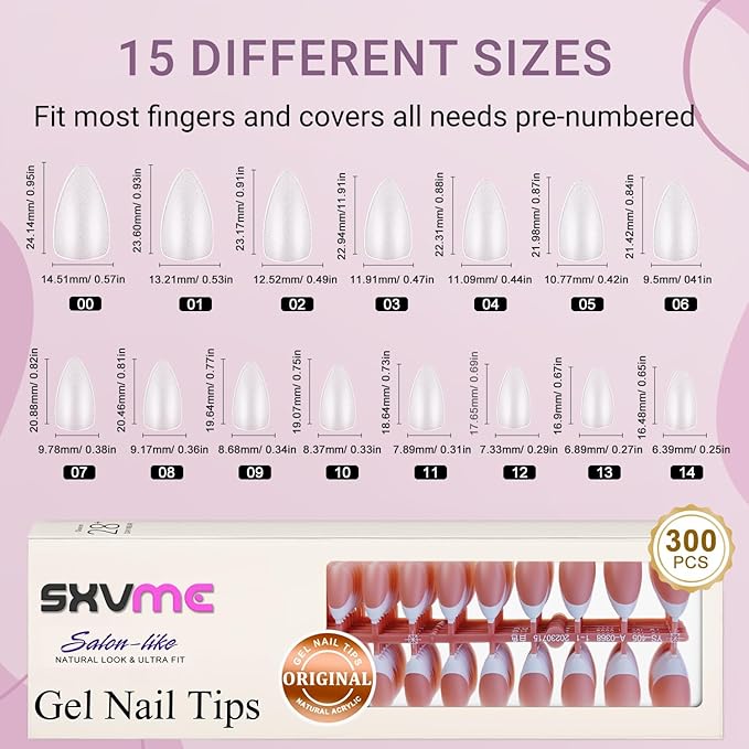Gel French Tip Nails Medium Almond French Tip Press on Nails SXVME White French Nail Tips 300Pcs Pre-applied Tip Primer Natural Brown Fake Nails Extensions Gel Nail Kit for Women Girls DIY