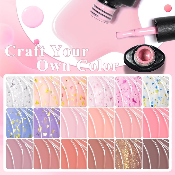 MEET ACROSS 18 Colors Rubber Base Gel Set, Nude Pink Brown Builder Nail Gel, 2-in-1 Builder Base Nail Gel Blue Purple Skin Tones Gold Foil Soak Off Base Gel Nail Strengthener 7ml