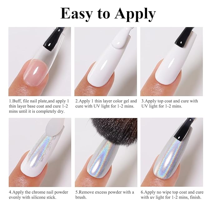 Imtiti Holographic Silver Chrome Nail Powder Kit,1g Holo Iridescent Silver Meatllic Mirror Effect Powder with 10ml White Color Gel Polish Metal Nail UV DIY Kit