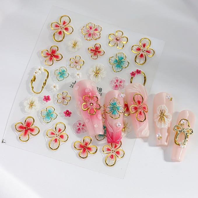 Stickers para Uñas Nail Stickers Self-Adhesive Sticker para Uñas Colorful 3D FlowerFloral Nail Stickers Art Design Accessories Hight Quality 4 Sheets