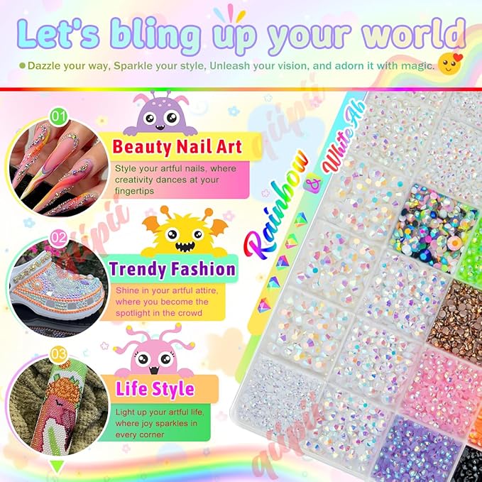 White AB Resin Rhinestones w B7000 Glue for Crafting Bedazzling 2mm-6mm Flatback Colorful Jelly Stones Diamonds Gems Bedazzler Kit for Nails Face Eyes Makeup Tumblers Bottles Shoes DIY Crafts