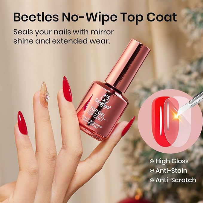 Beetles No Wipe Gel Top Coat and Base Coat Set, 2 Pcs 15ml Top Coat Nail Polish & Gel Base Shine Finish Long Lasting, Soak Off LED Lamp Nail Art Design Manicure Gifts for Women