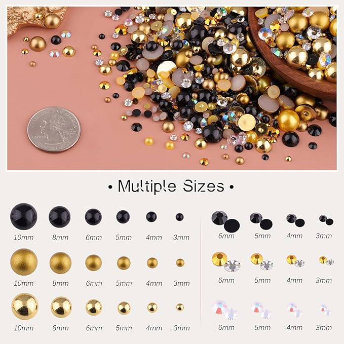 80g Flatback Pearls and Rhinestones for Crafting, Golden Black 3-10mm Resin Rhinestones and Half Pearls for Bedazzling, Nail Art and Dec with 3pcs 10ml B7000 Jewelry Glue, Tweezer and Pickup Pencil