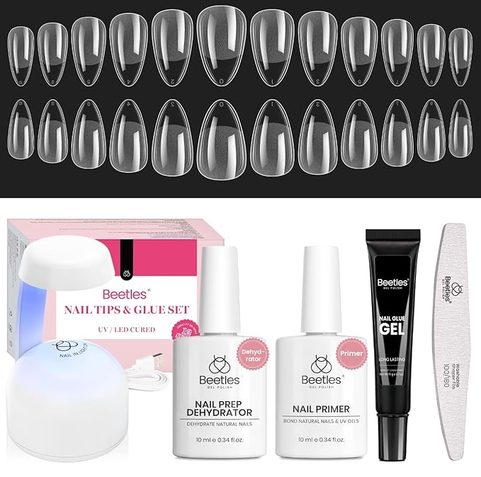 Beetles Gel Nail Kit Etch-X, Almond Short, 576pcs 12 Sizes, with Dehydrator and Primer, Solid Glue Mini Lamp, Pre-Etched Half Matte Acrylic Nail Kit Fake Nail for Home DIY Extension Set