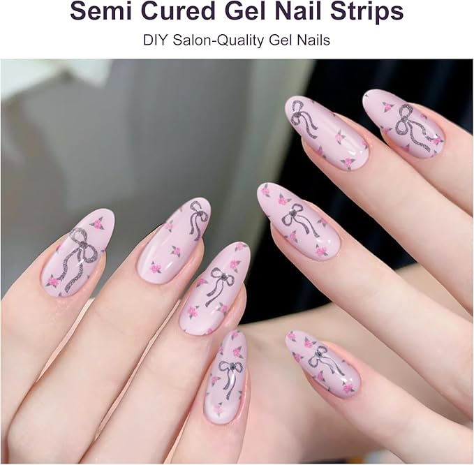 Semi Cured Gel Nail Strips,28 pcs Cute Bows Gel Nail Stickers with UV Light Required,Long Lasting Nail Art Stickers, Easy to Apply（Pink）