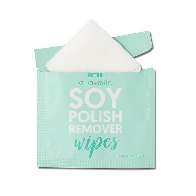 ella+mila Soy Nail Polish Remover Wipes - Non-Acetone, Non-Toxic Fingernail Polish Remover Pads - Travel Size, Individually Wrapped, Lint Free - Enriched with Vitamins (5 Pack)