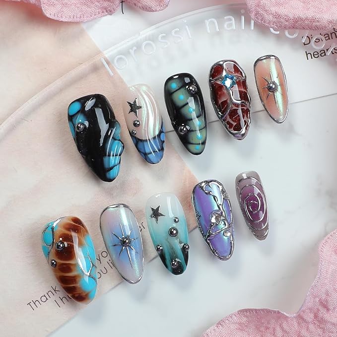 Gradient Press on Nails Handmade Press on Nails Punk Rock Gothic Cool Designs Stars Fake Nails Full Cover French False Nails Medium Almond 3D Silver Steel Ball False Nails for Women (Size M)