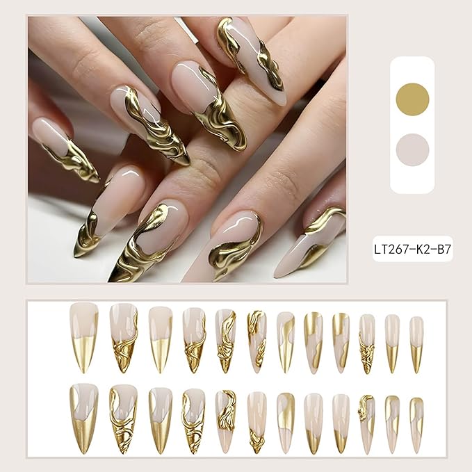 RTKHFZE Long Stiletto Press on Nails Light Taupe Color, 3D Gold Coat Full Cover Claw Nails for Women and Girls