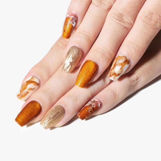 Sun&Beam Nails Handmade Press-on Short Coffin Ballerina Brown Gold White Amber Gradients Design False Nail Tips 10 Pcs (#134 L)
