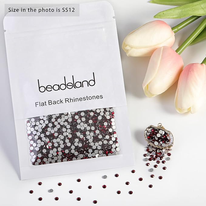 beadsland Flat Back Crystal Rhinestones Round Gems for Nail Art and Craft Glue Fix, Dark Siam (2.9-3.0mm) SS12/1440pcs