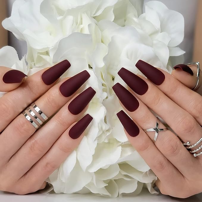 Hypnaughty 24 Pcs Maroon Xtreme Red Matte Coffin Press on Nails with Glue Medium Long Fake Nails Full Cover (Maroon Xtreme)