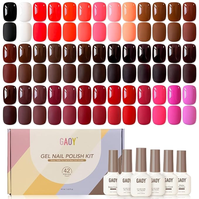 GAOY 42 Pcs Gel Nail Polish Kit, Red Brown Colors Fall Winter Gel Nail Polish Set with Glossy & Matte Top Coat and Base Coat for Salon and DIY Manicure at Home