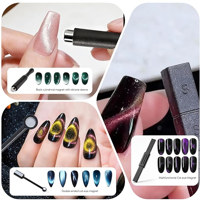 14Pcs Cat Eye Magnet For Nails Magnet Tool Set With 2 Pcs Y-Shape Iron Molds, Double-Side Cylinder And Bead Cat Eye Gel Nail Polish Magnet For Nails Different Magnet Sticks Design Tools