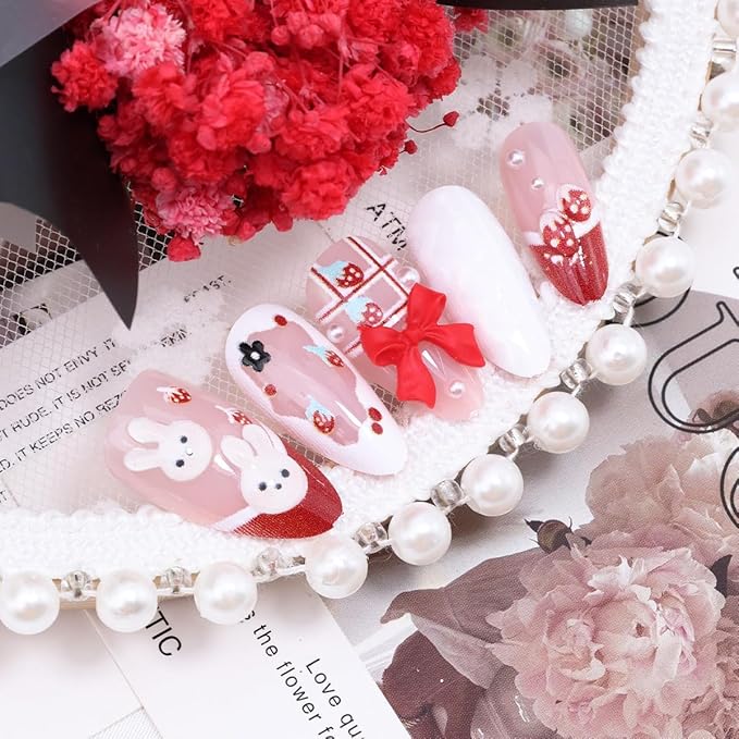 Cute Press on Nails Medium French Tip Fake Nails with 3D Bow Acrylic Nails Bunny Glue on Nails Strawberry Flower Design Almond False Nails Full Cover Pink Artificial Nail Handmade Stick on Nails 30Pcs