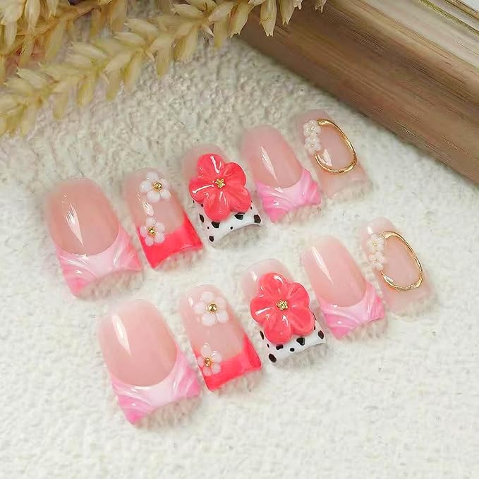 Short Duck Press on Nails Handmade Fake Nails Thick French Muti-Layer Gel 3D Flower Nails Press Ons with Designs Full Cover Luxury False Nails for Women Manicure 10Pcs (Size M)