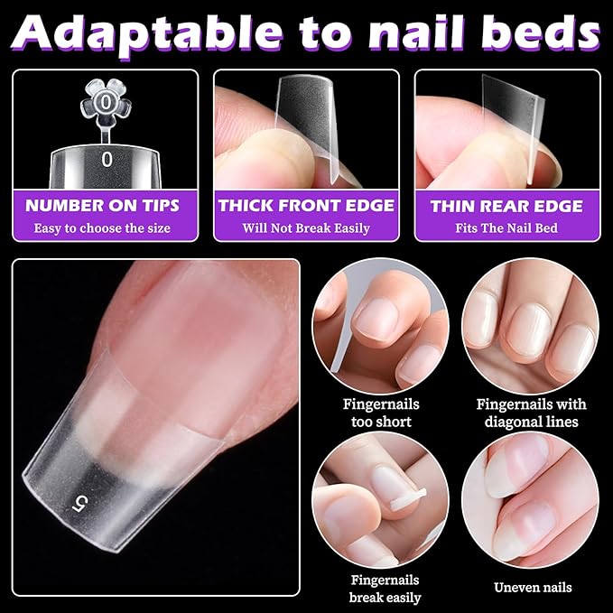 LoveOurHome 360pc French Coffin Nail Tips Clear Fake Nails Medium Coffin Gel Nail Tips Half Cover Acrylic Nails Clear Medium False Nail 15 Sizes Fingernail for Gel Nail Extension