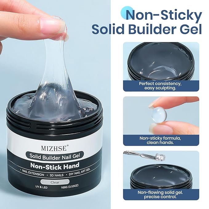 MIZHSE 100g Solid Builder Gel for Nails, Large Capacity Clear 3D Sculpting Gel for Nails, Non-sticky Hand Building Carving Modeling Hard Nail Extension with Silicone 3D Mold Nail Art Salon