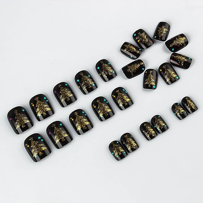 Christmas Press on Nails Short Square Fake Nails with Gold Glitter Christmas Trees Designs Black Xmas False Nail Winter Stick on Nail for Women 24 Pcs