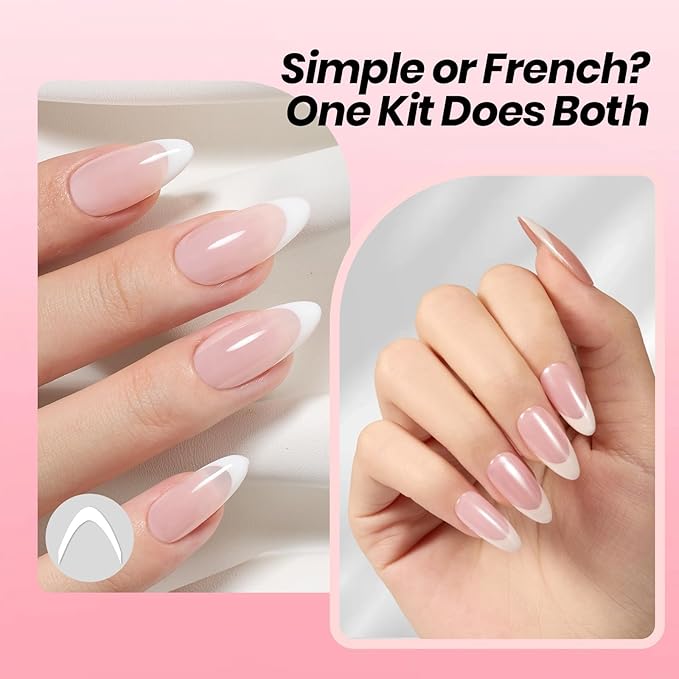 Beetles French Tip Gel Set - Pearl Glaze White Nude Pink Upgraded Gel Nail Kit Soak Off UV LED with 4 Styles Bubble French&Chrome Powder Nail Art Sticker DIY Home Salon Spring Gift for Women