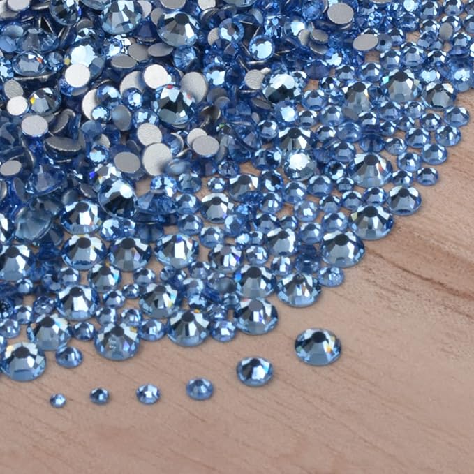 10000 Pieces Rhinestones 6 Sizes Round Crystal Glass Flat Back Rhinestones with 1Tweezers and 1Picking Pen for Nail Art Crafts Clothes Bags DIY (Lt Sapphire)