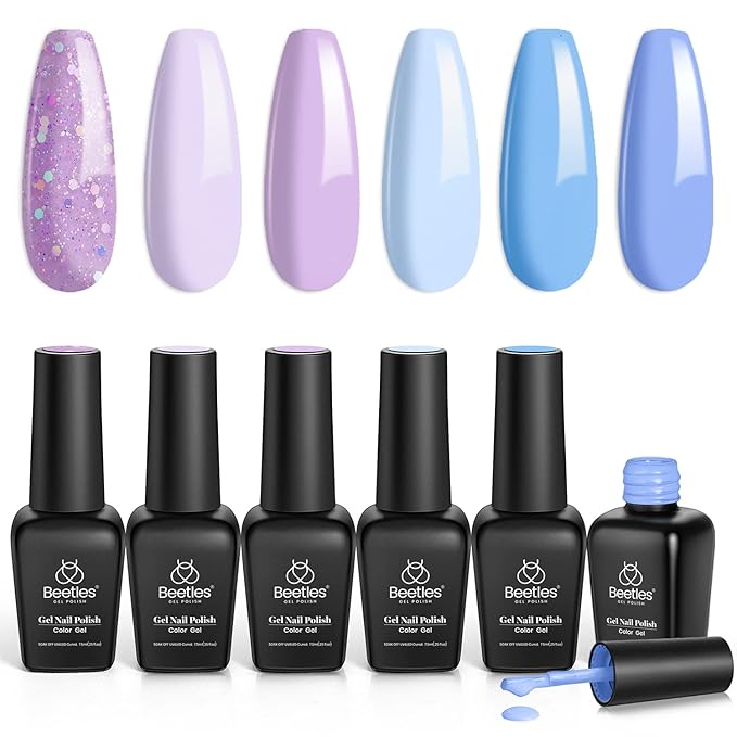 Beetles Gel Nail Polish Set - 6 Colors Purple Baby Blue Light Color Gel Nail Kit Lavender Violets Collection Soak Off UV LED Gel Manicure DIY Periwinkle Nail Polish Salon Spring Gift for Women Girls