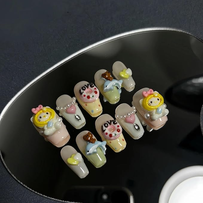 Thick Acrylic Press On Nails, Handmade Gel Square Colorful Kitty, Pearl Cute Bow Kawaii Fake Kit, Reusable 10 Size M, #2408