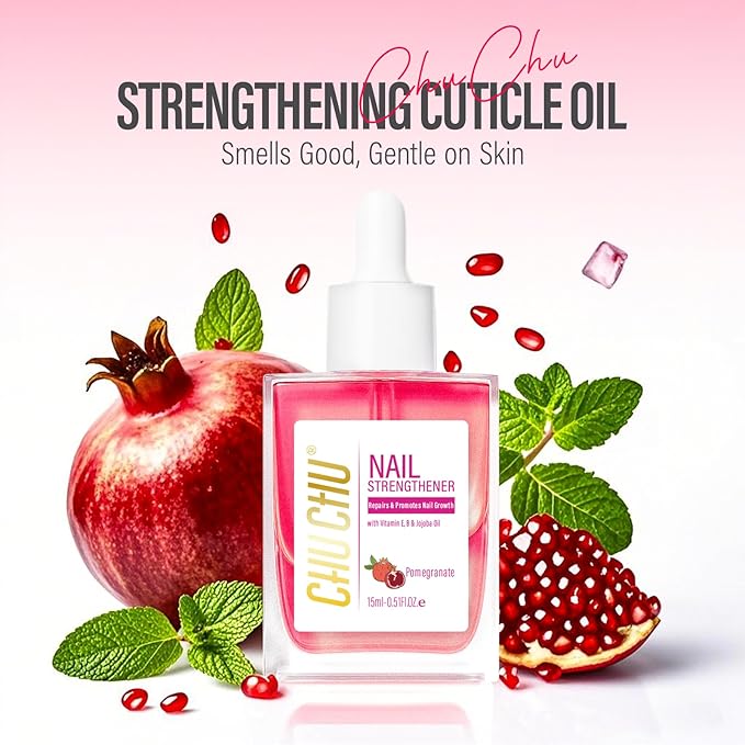 CHUCHU Nail Cuticle Oil Strengthener - Pomegranate Scent Repair Growth Moisturizing Treatment - Natural Jojoba Vitamin B & E for Dry Cracked Nails